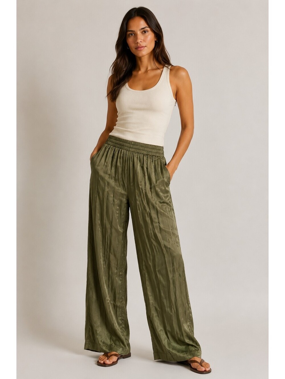 GANNI Sanders Satin Olive Wide Leg Pull On Pants 100% Viscose Size S
